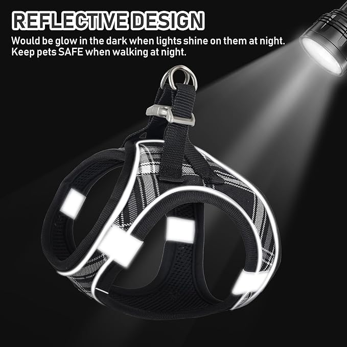 GAMUDA Small Dog Harness Collar and Leash Set, Step in No Chock No Pull Soft Mesh Adjustable Dog Vest Harnesses Plaid Reflective for Dogs Puppy Cats Kitten Rabbit (Black, XL)