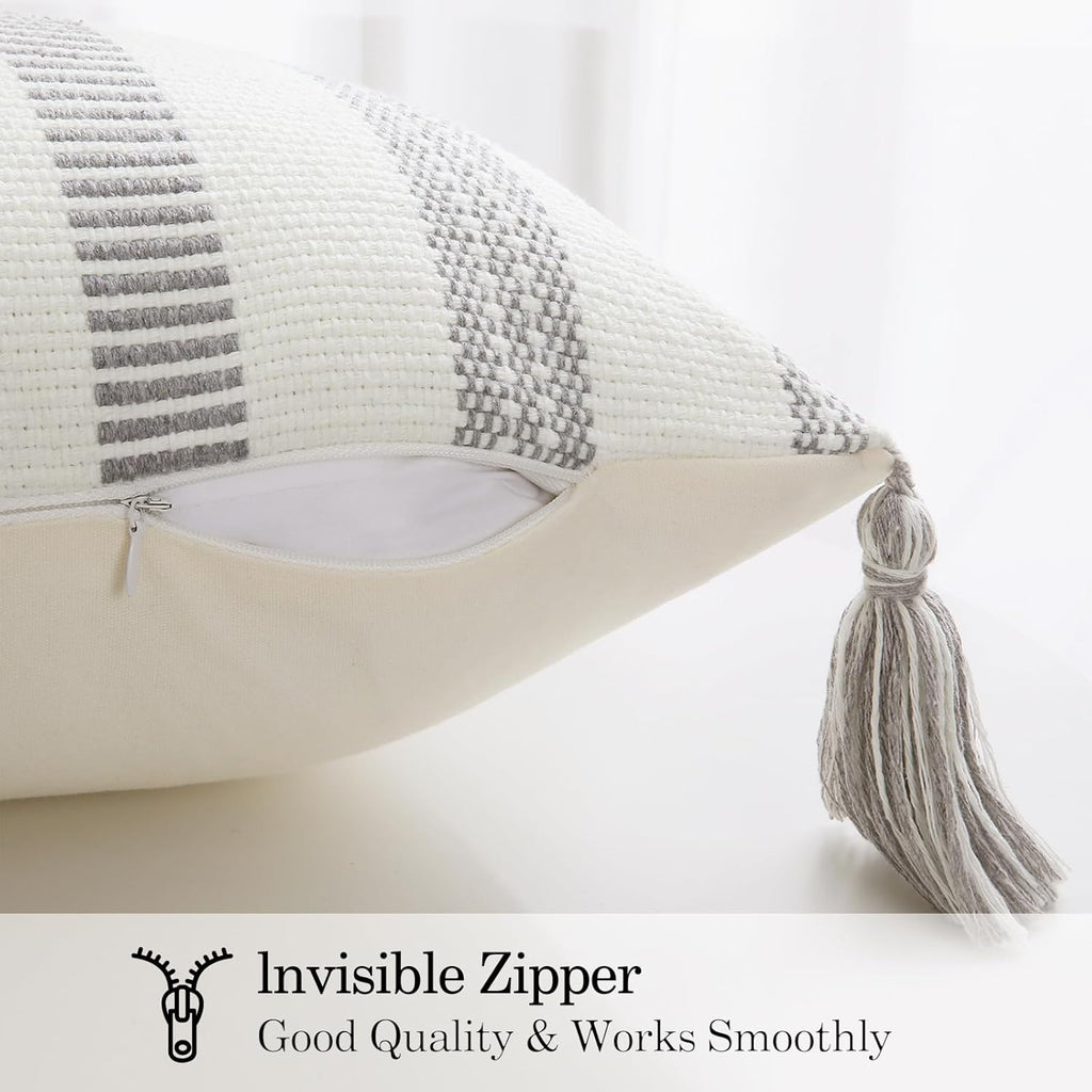 Smile Bee Boho Outdoor Couch Throw Pillow Covers Set of 2 Decorative Thick Woven Striped Accent Neutral Pillow Covers with Tassels for Bed Sofa Home Decor 18x18 Inch, Grey and Cream White