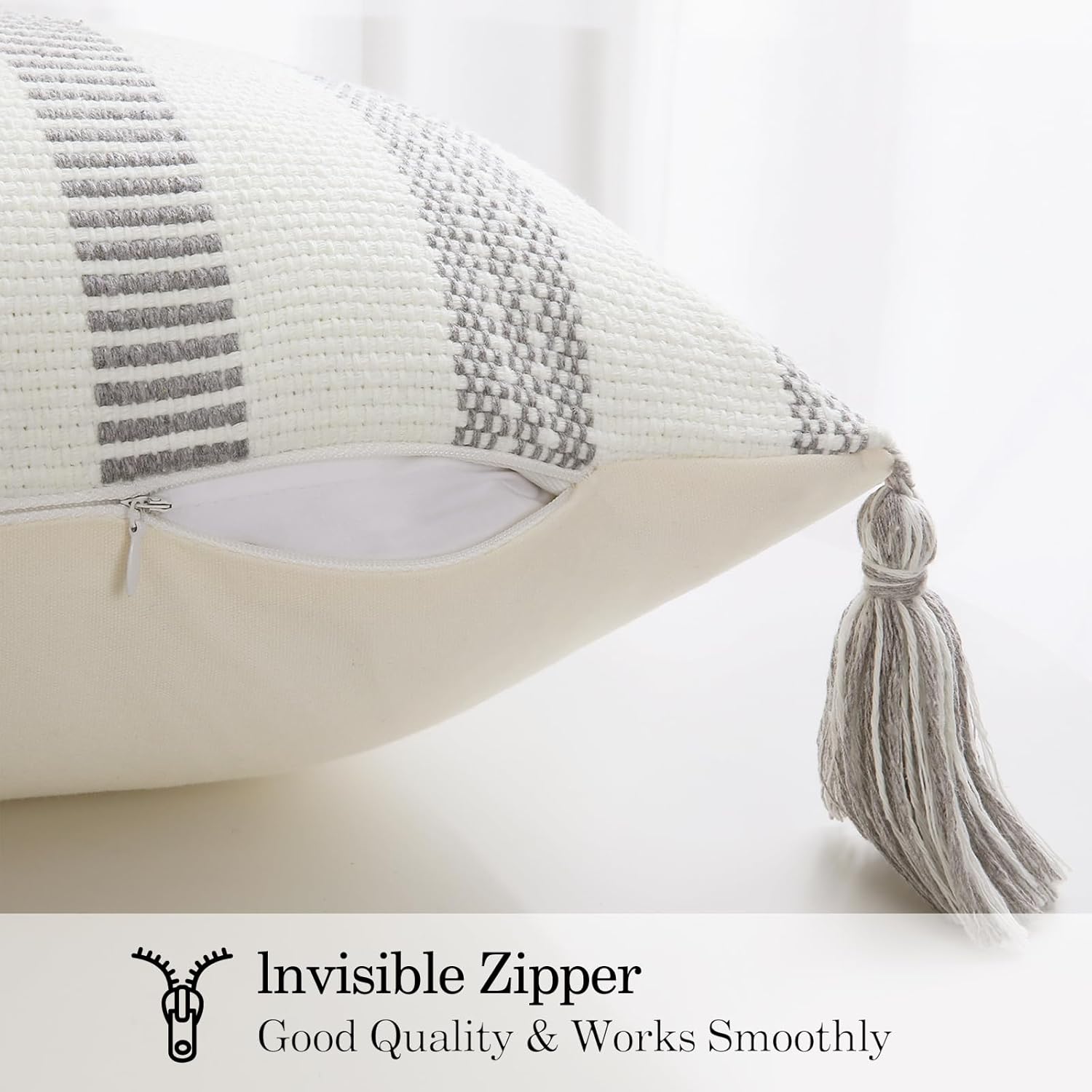 Smile Bee Boho Outdoor Couch Throw Pillow Covers Set of 2 Decorative Thick Woven Striped Accent Neutral Pillow Covers with Tassels for Bed Sofa Home Decor 18x18 Inch, Grey and Cream White