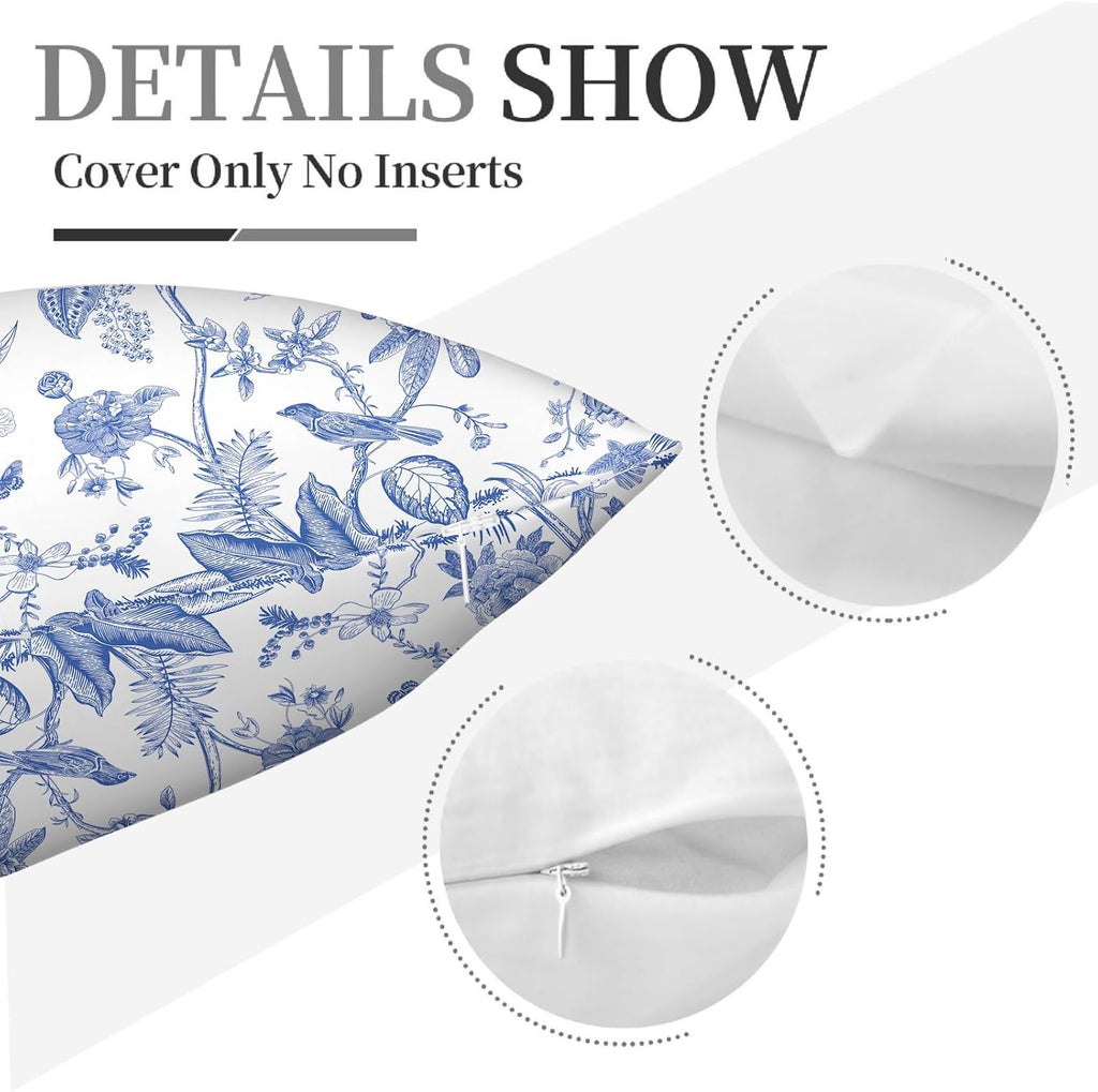 Blue Flower Decorative Pillow Covers 18x18 Inch Set of 2 Spring Floral Bird Throw Pillow Cases Chinoiserie Pillowcases for Couch Bed Sofa Cushion Living Room Chinoiserie Decor