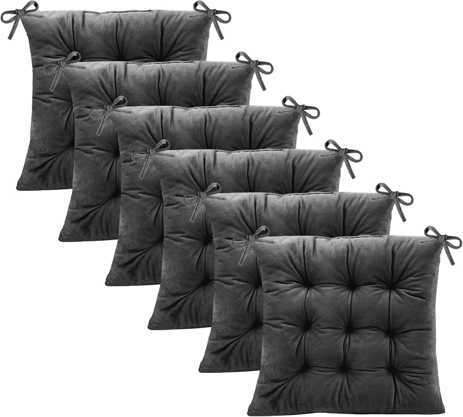 6 Pack Square Seat Cushion Chair Pads for Kitchen Dining Chairs, Soft Comfort Velvet Chair Mat Pillow Cushions with Ties for Office Desk Living Room Tatami 15.5", Dark Gray