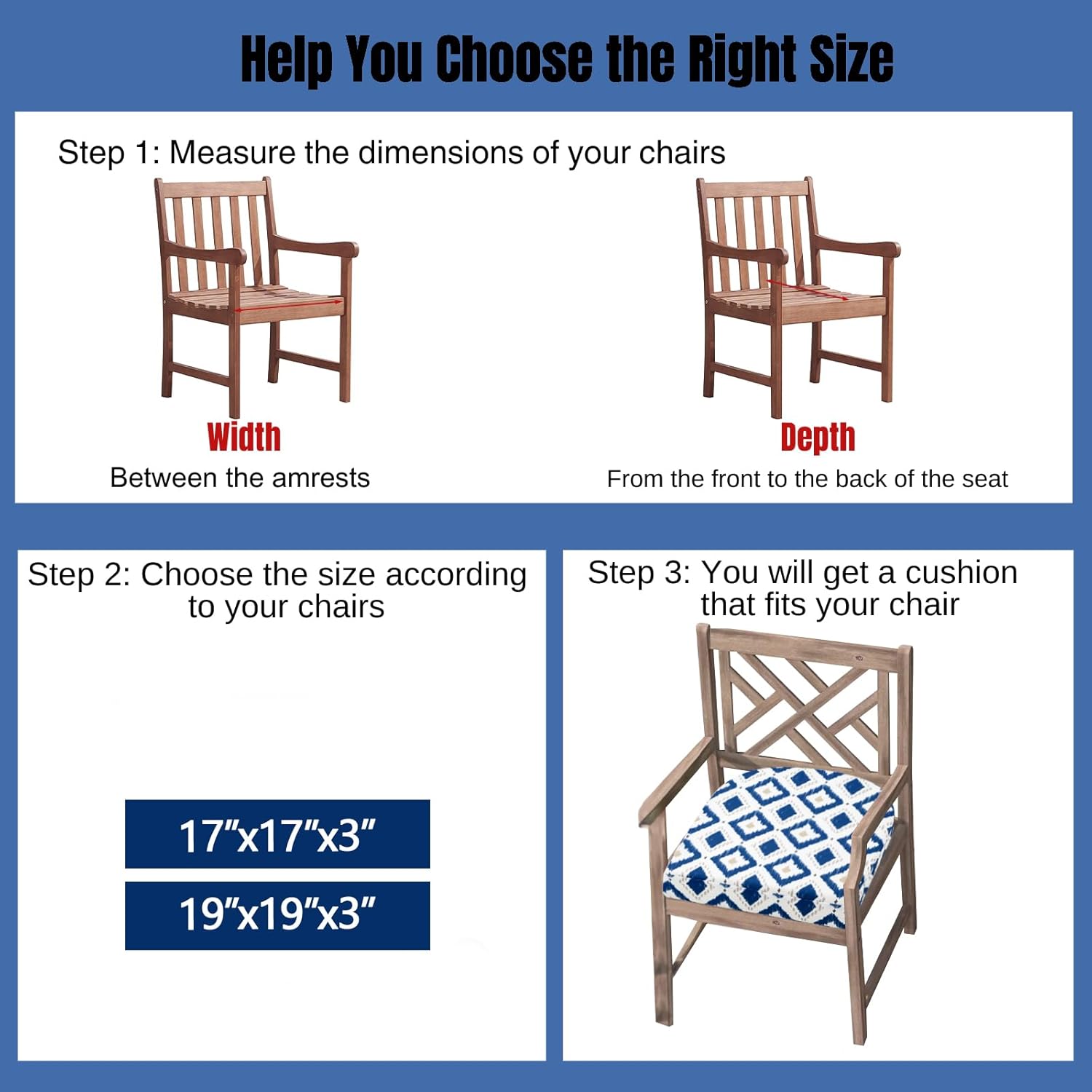 idee-home Outdoor Chair Cushions Set of 2, Thick 17" x 17" x 3" Outdoor Seat Cushions Patio Furniture Waterproof with Ties, Dining Pads