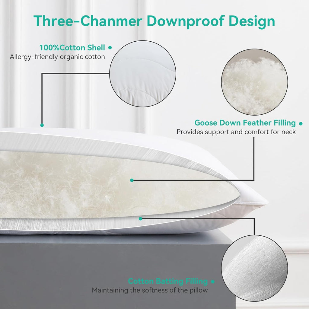 Three Geese White Goose Feather Down Pillows Queen Size Set of 2-100% Cotton, Medium Firm,Soft Support