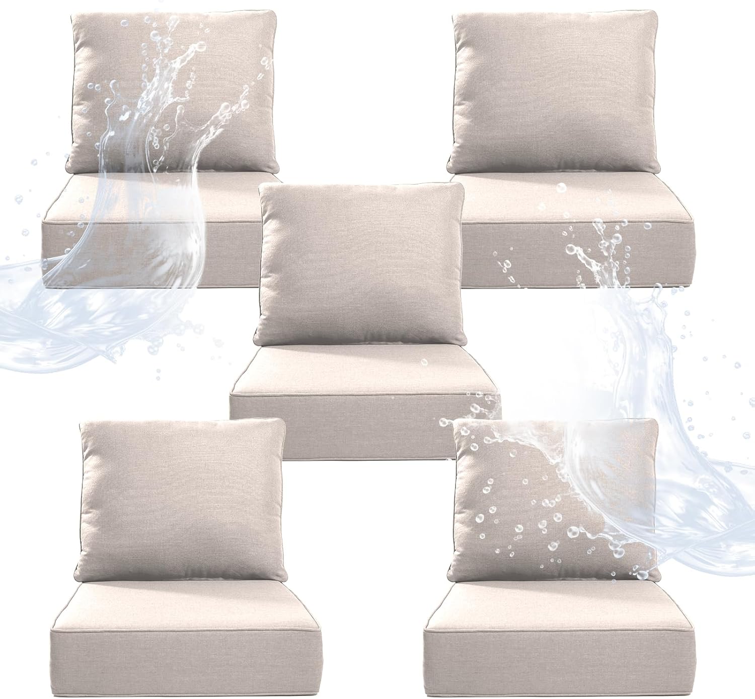 6" Thicker Outdoor Chair Cushion 5 Sets - 24" *24" *6" Waterproof Patio Furniture Cushions with Removable Cover, 28D High Density Sponge Filling Thicken Outdoor Patio Cushions - Beige