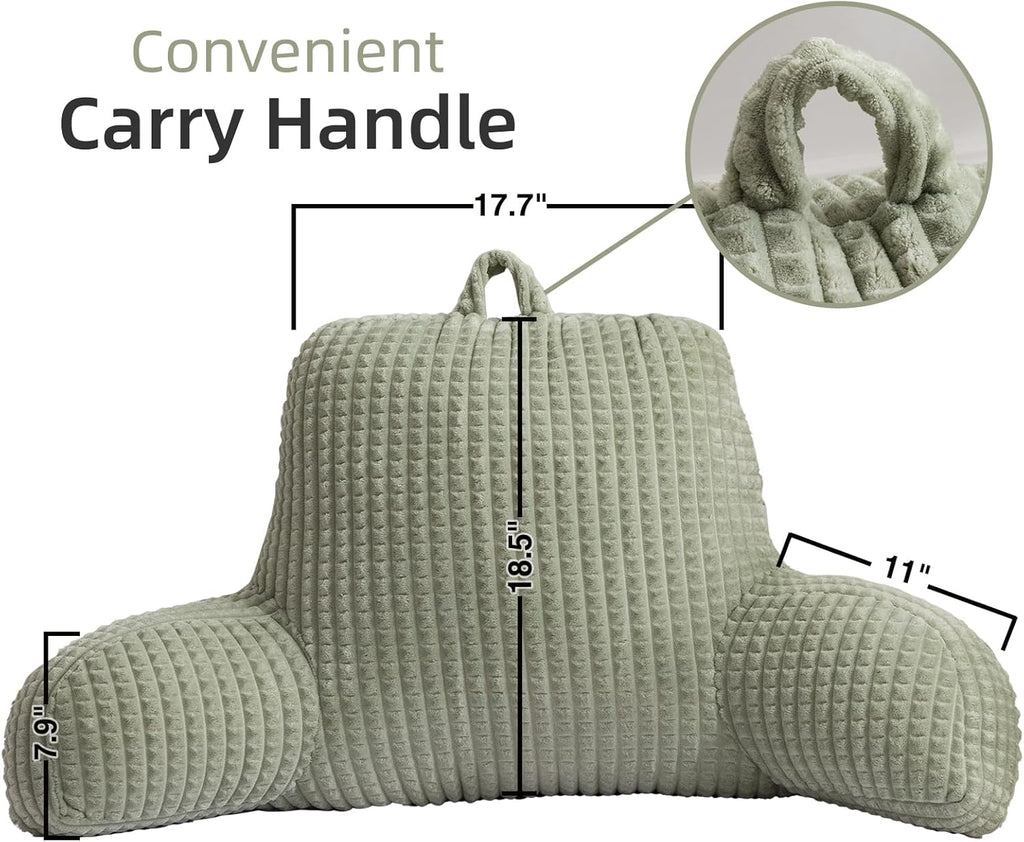 A Nice Night Reading Pillow Bed Wedge Large Adult Children Backrest with Arms Back Support for Sitting Up in Bed/Couch for Lounging Bedrest,Waffle Stereoscopic Design,LightGreen