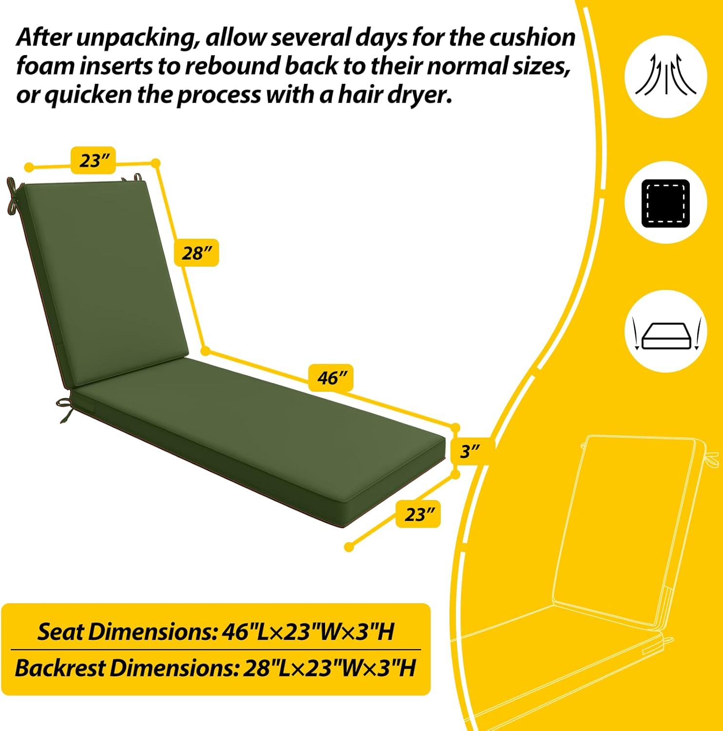 AAAAAcessories Outdoor Chaise Lounge Cushions, Waterproof, Fade-Resistant Patio Furniture Replacement Cushions, 74" x 23" x 3", Set of 2, Woodland Green