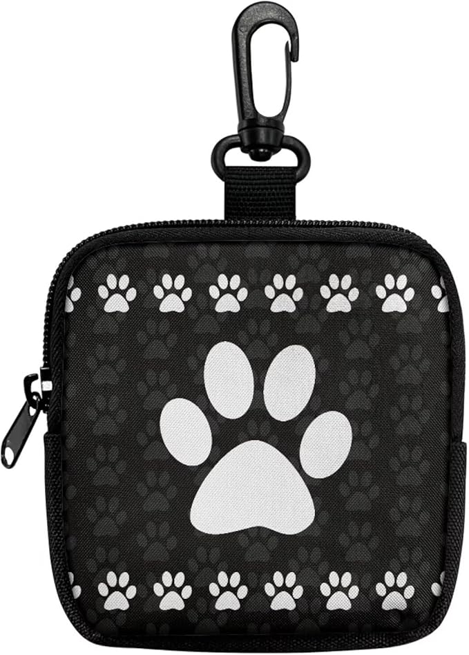 KEIAHUAN White Paw Print Dog Treat Pouch Small Training Bag Portable Dog Treat Bag with Zipper Closure and Carabiner Hands Free Pet Treat Bags Training Pouch Mini Wallet, Black