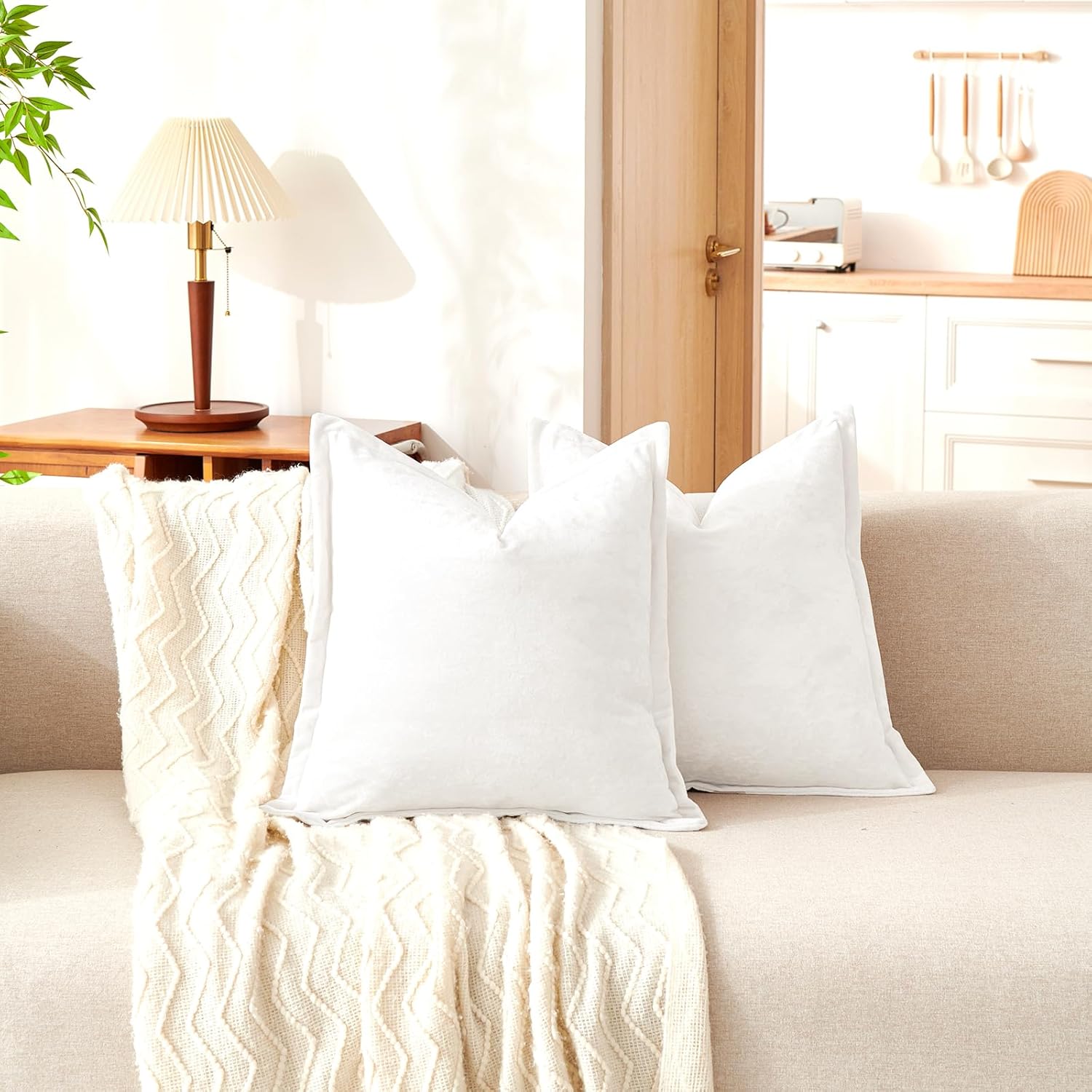 Luxurious Velvet Euro Shams Decorative Throw Pillow Covers 26x26 Set of 2 Solid Square Euro Pillow Shams for Sofa Couch Bedroom, Off White