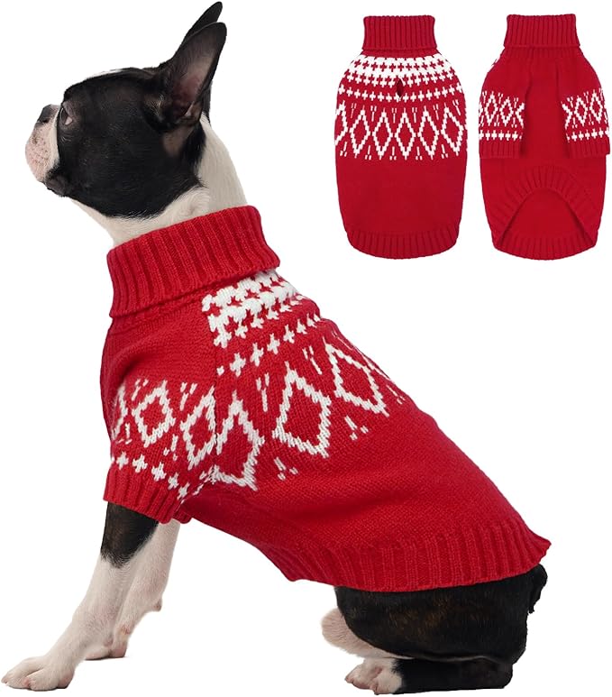 FUAMEY Doggy Sweaters Medium Size, Printed Warm Dog Sweater Cozy Pullovers, Thermal Pet Clothes Winter, Soft Turtleneck Shirt Thick Puppy Outfits for Dogs Female Male Christmas (Red, M)