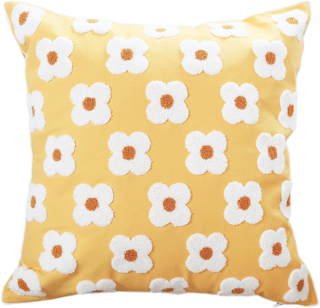 DECOBIRD Embroidery Throw Pillow Cover 20x20 Yellow Floral Design Home Decor Loop Embroidered Pillow Case Thick Cotton Canvas Square Cushion Cover for Couch 50x50cm, 4 Petal Flowers 1 Piece