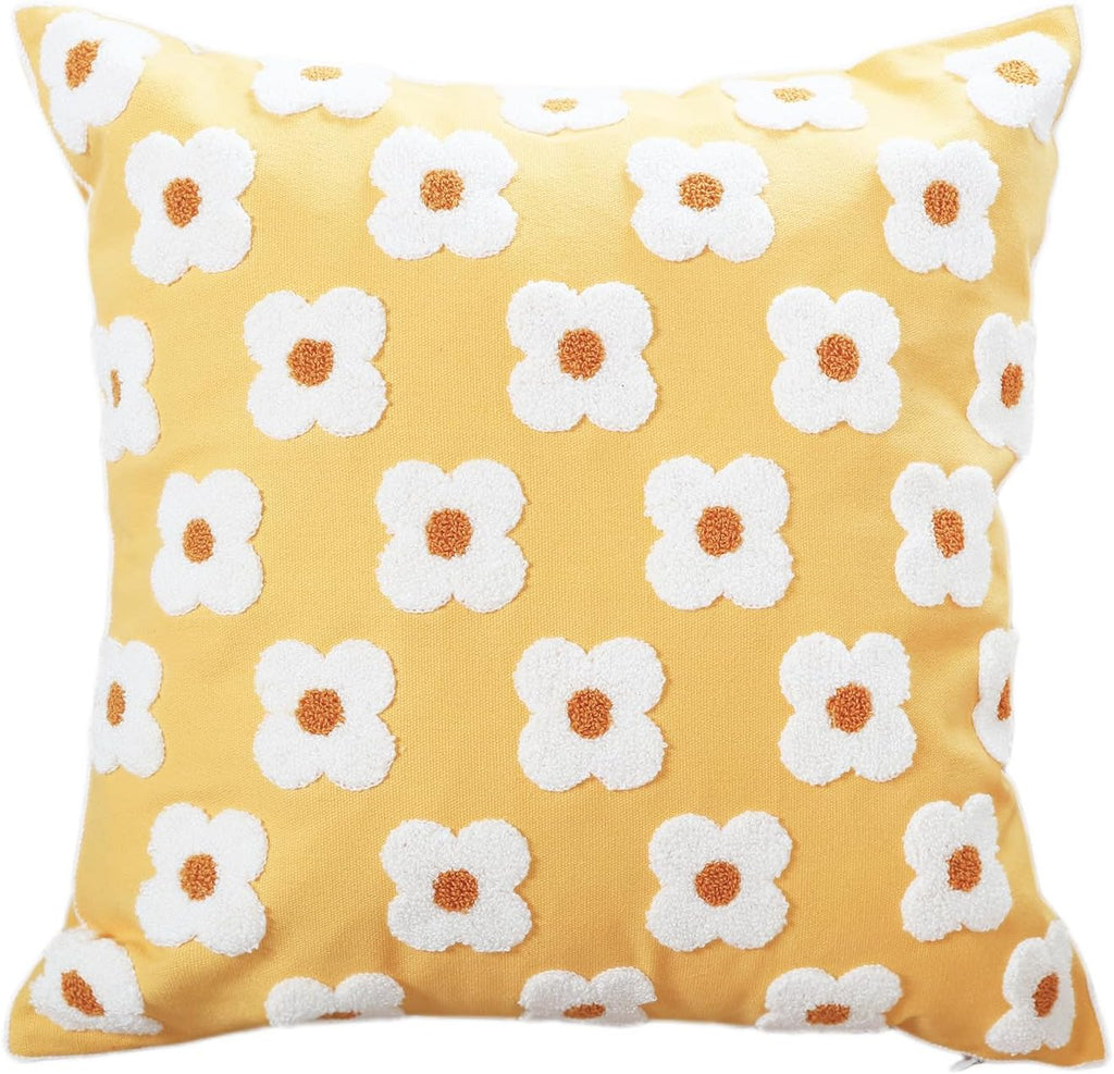 DECOBIRD Embroidery Throw Pillow Cover 18x18 Light Yellow Floral Design Home Decor Loop Embroidered Pillow Case Thick Cotton Canvas Square Cushion Cover for Couch 45x45cm, 4 Petal Flowers 1 Piece