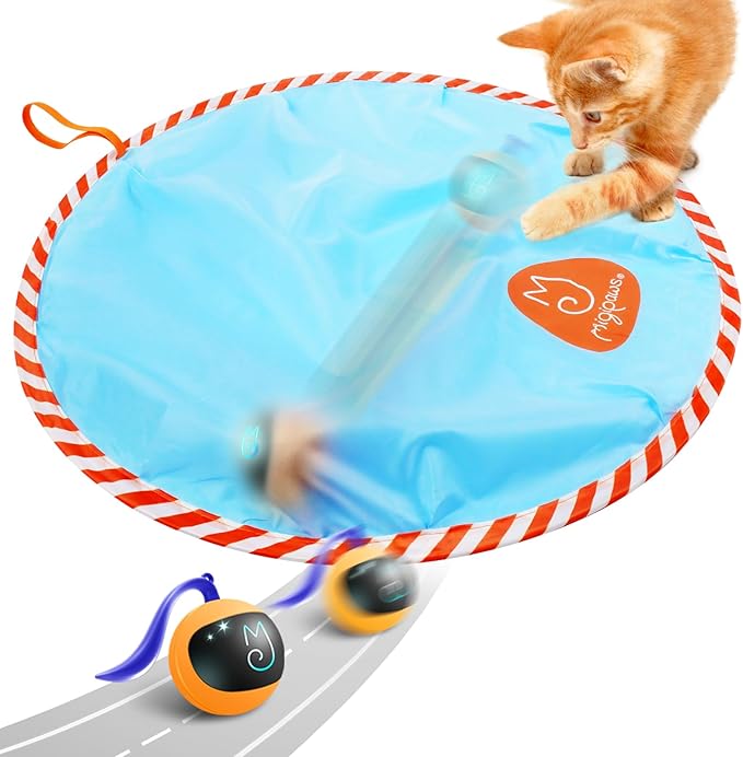 Migipaws Interactive Cat Ball Toy Set, Fun Tracker, Glowing Chase Ball with MystiChaser Pouch, Fluffy Tail, A Small Mice (Orange)