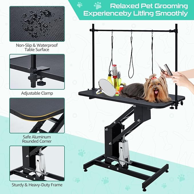 43.6" Pet Grooming Table for Large Dogs, Heavy Duty Height Adjustable Dog Grooming Table With Overhead Arm & Noose Height Range 22''-39'', Maximum Capacity Up to 350 Lbs, Black