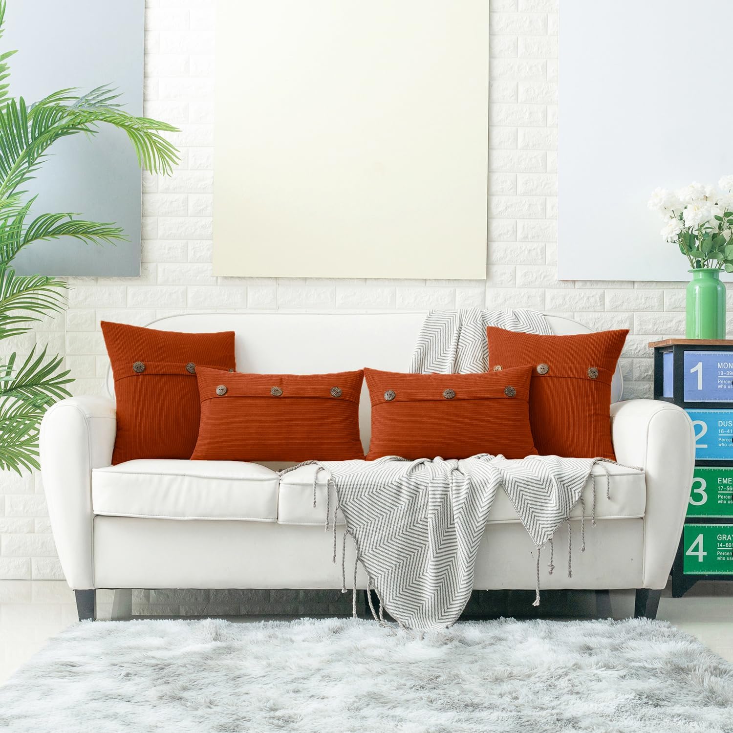 HWY 50 Burnt Orange Chenille Throw Pillow Covers 18x18 Inch with Triple Buttons, Soft Fall Farmhouse Accent Decorative Cushion Cases for Couch Sofa Bed Living Room Bedroom Pack of 2