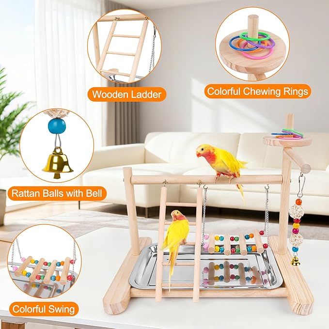 Bird Playground, Parrot Playstand Cockatiel Playground, Bird Play Stand with Feeder Cups, Swings, Ladder and Removable Tray, Parrot Perch Stand for Parakeet Conure Lovebird Budgie (2 Layers)