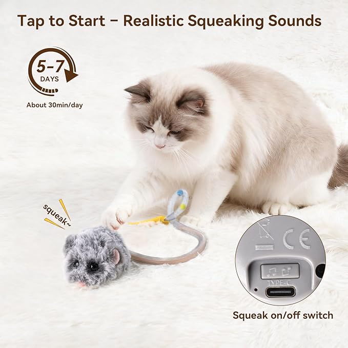Migipaws Interactive MigiMouse Cat Toy 360° Rolling & Spin with Wiggling Tail for Indoor Cats Smart Motion Sensor, Realistic Squeak, Rechargeable Plush Kitten Toy(Grey Long)