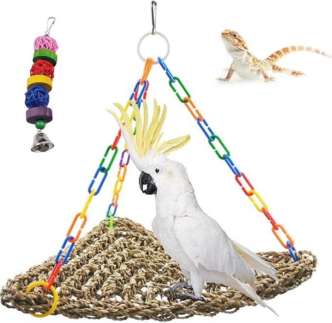 Bird Swing Toys,Bird Seagrass Mat Edible Hammock Parrot Lounger with Toys Handmade Woven Hanging Hammock for Lovebird Cockatiel Canary Parakeets Finch Budgie(2 Pcs)