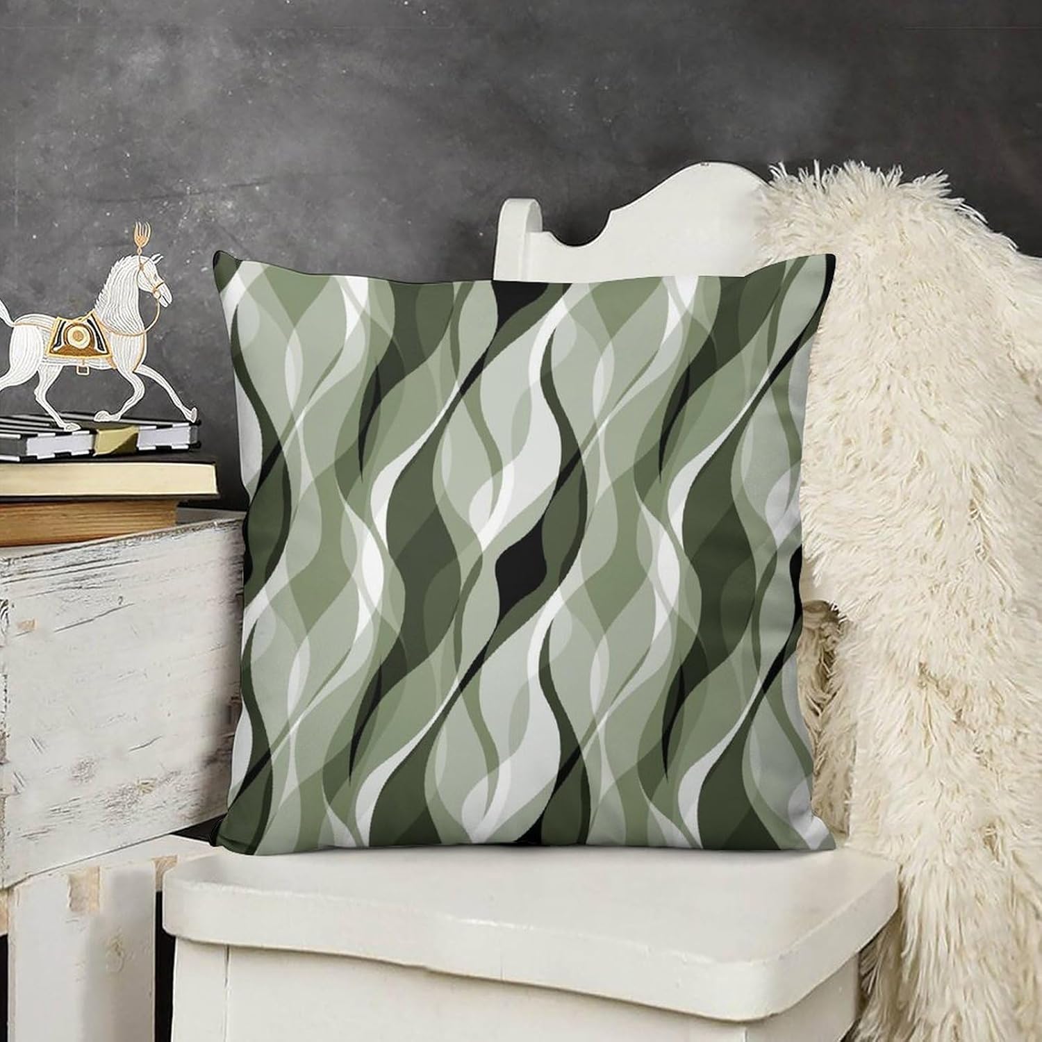 Sage Green Throw Pillow Covers Abstract Ombre Green and Grey Striped Decorations for Bedroom Living Room Farmhouse Sofa Pillows Bed Couch 18x18 Inch