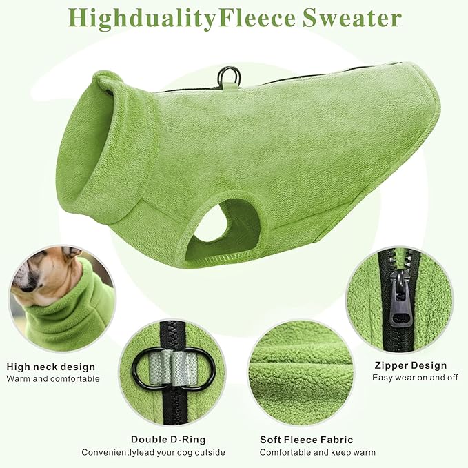 Idepet Dog Fleece Vest Sweater Zip Up Warm Pullover Dogs Jacket with D-Ring Leash Winter Cold Weater Coat Pet Sweatershirt Clothes Hoodie for Small Medium Dogs Boy Girl(Green,XXS)