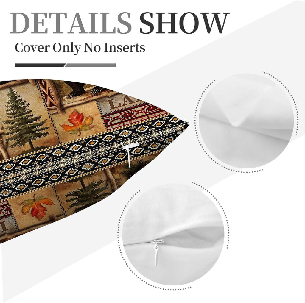 Vintage Rustic Lodge Bear Pillow Covers 18x18 Inch Set of 4, Farmhouse Cabin Throw Pillow Cases for for Couch Bed Sofa Chair Cushion Living Room Decor Brown Cabin Pillowcases