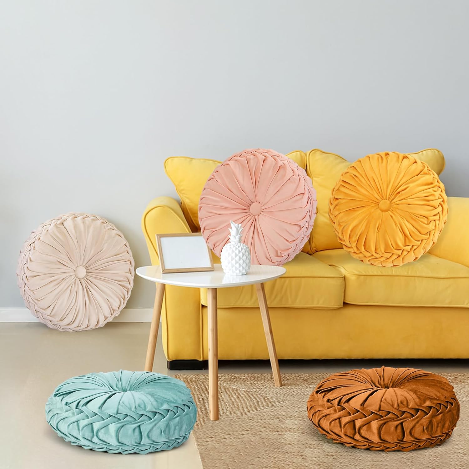 Yerliker 6 Pcs Floor Pillow Cushions 15inch Round Velvet Throw Pillows Colorful Flexible Cushions Alternative Pillows for Couch Chair Living Room Bedroom Home Office Decor(Saffron Yellow Color)