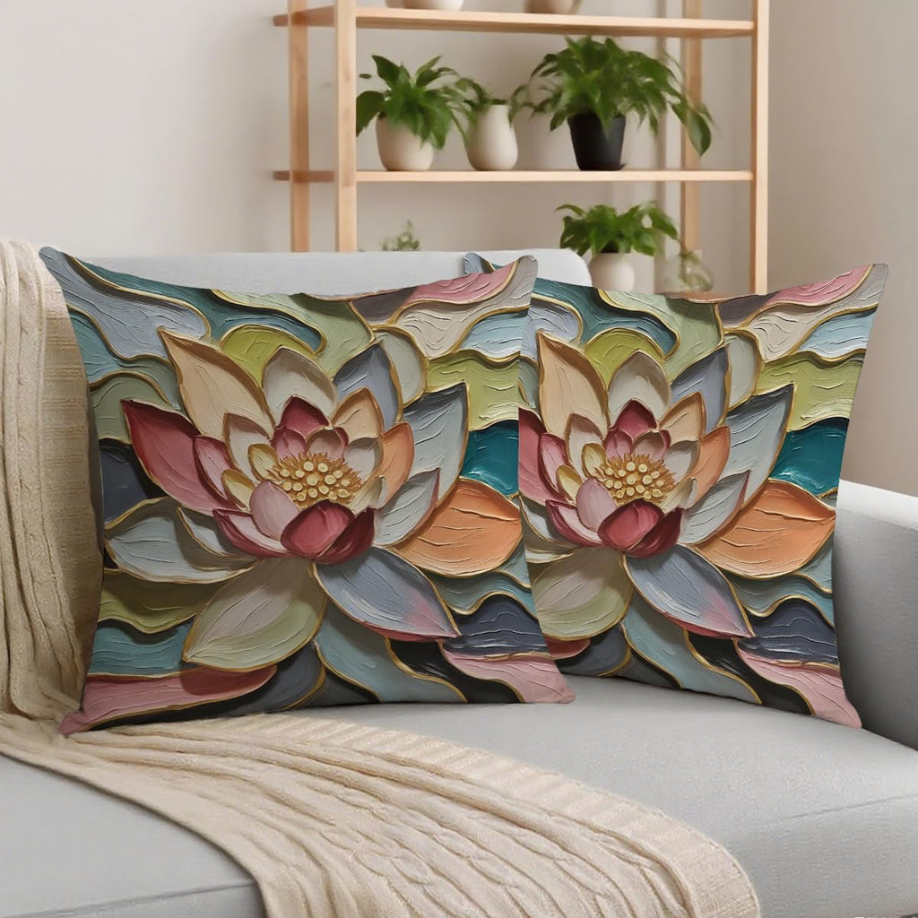 2 Pcs Oil Painting Lotus Floral Art Throw Pillow Covers, Lotus Oil Painting Art Retro Decorative Square Pillow Cases for Couch Sofa Bed Bedroom Apartment Dorm Living Room Office Home Decor