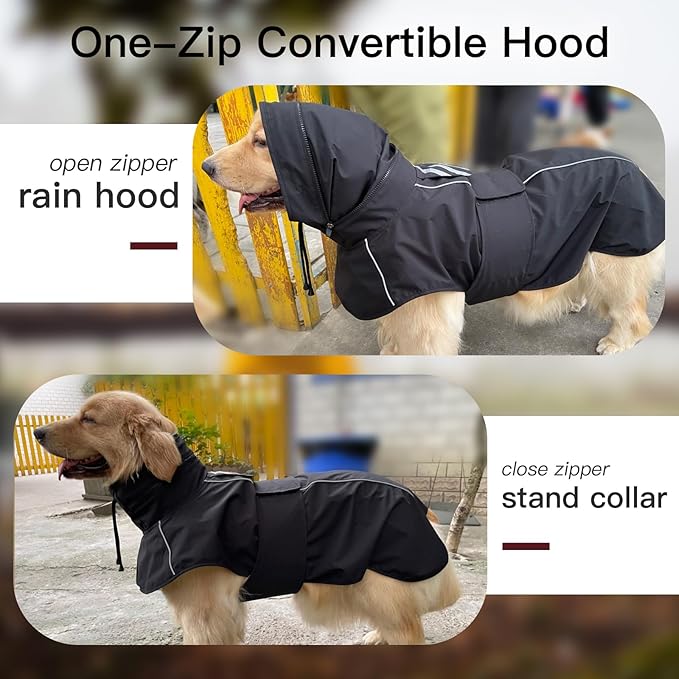Dog Raincoat Waterproof , Reflective Adjustable Rain Jacket with Leash Hole, Convertible Hood/Collar Rain Coat for Dogs Poncho Breathable Lightweight (Black, XL)