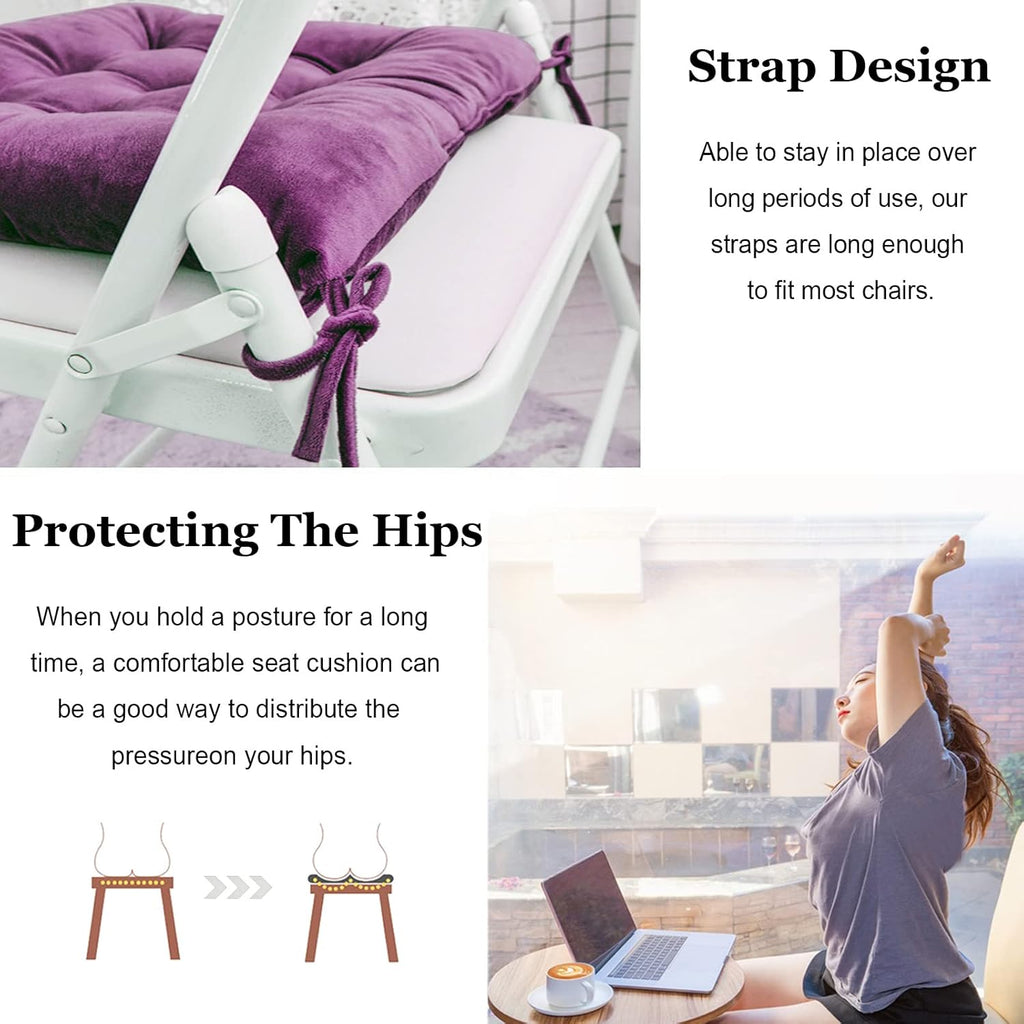 Set of 4 Square Chair Pads Indoor Seat Cushions Pillows with Ties Soft Comfortable Non Slip Chair Mat for Kitchen Dining Office Desk Living Room Outdoor Tatami 15.5" - Purple