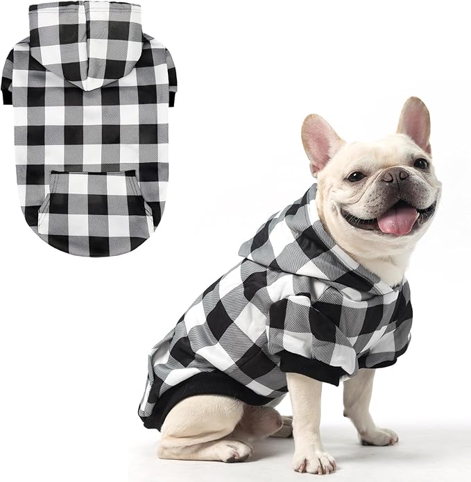 KOOLTAIL Plaid Dog Hoodie Pet Clothes Sweater with Hat and Pocket for Small Medium Large Size Dogs, Soft Winter Warm Dog Cold Weather Coat, Fleece Fall Dog Hooded Sweatshirt for Puppy Cats, White SM