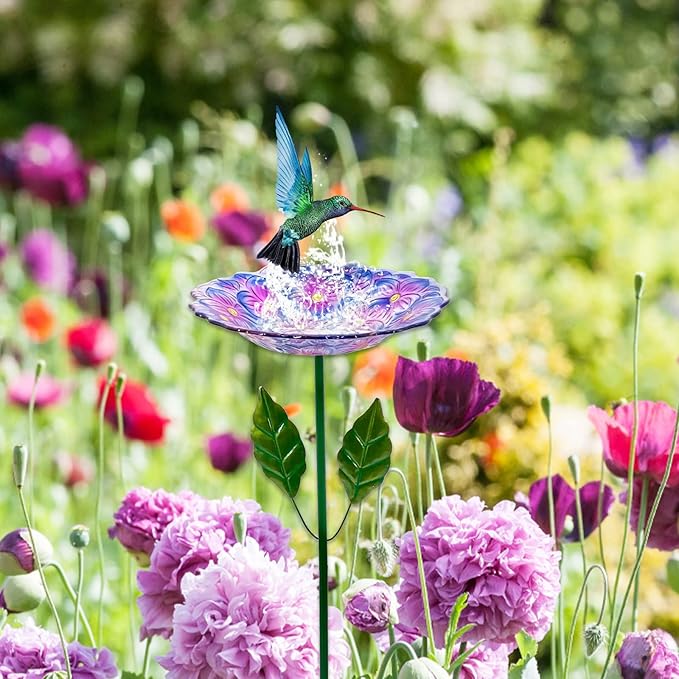 Glass Bird Baths for Outdoor, Garden Birdbath Bird Feeders Hydrangea Decor Birdfeeder with Metal Stake for Garden, Yard, Lawn, Courtyard