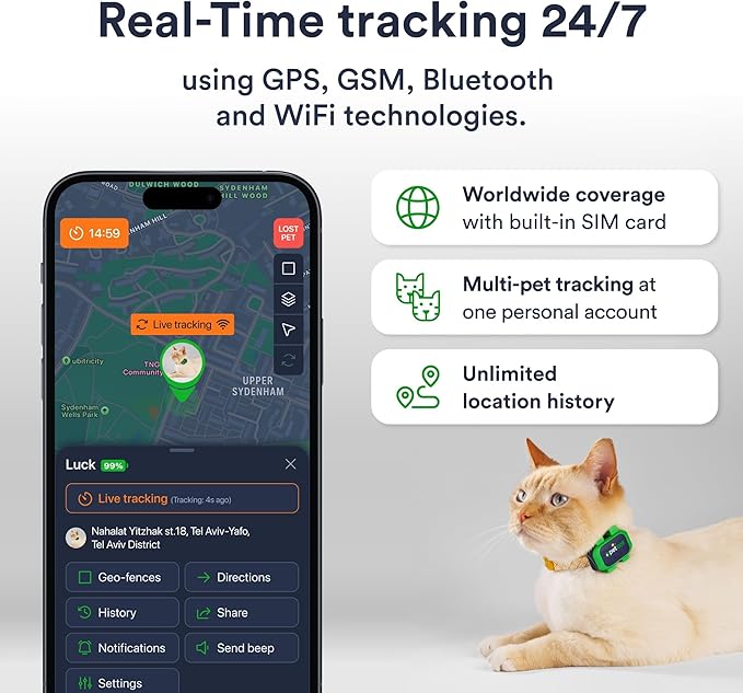 Cat GPS Tracker – Smallest Waterproof Pet Tracking Device with App, Real-Time Location, Smart Alerts & Geo-Fence, Long-Life Battery, Collar-Compatible – iOS & Android (12-Mo Subscription Included)