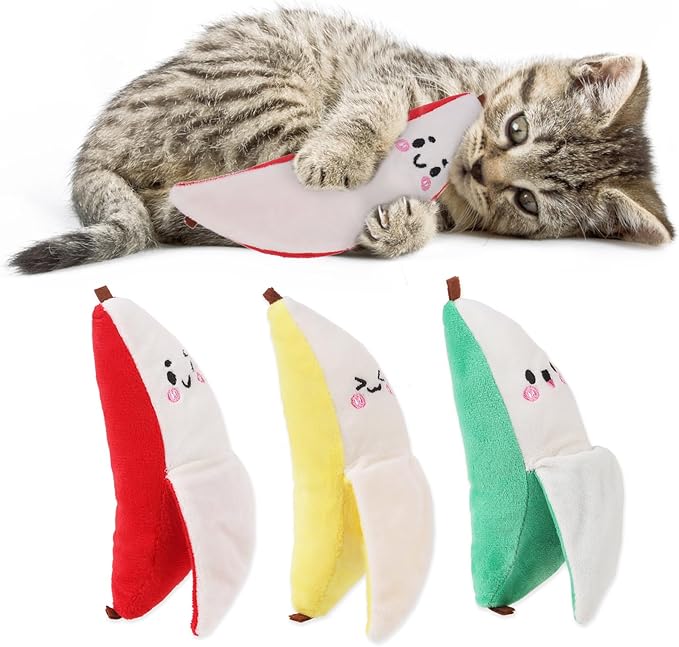 KOOLTAIL Cat Catnip Toys Banana, 3 Pack Expression Durable Soft Kicker Toy Filled with Natural Catnip Cotton, Self Play Interactive Bite Resistant Chew Teeth Cleaning Gift for Indoor Most Cats Kitten