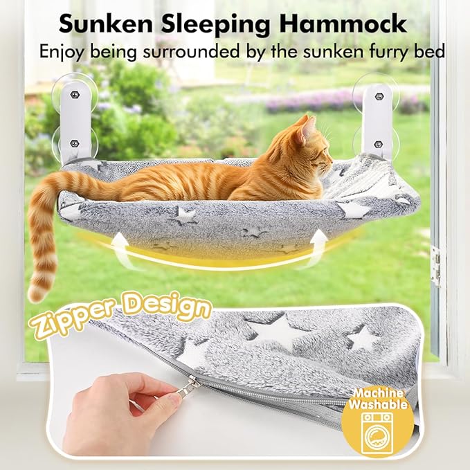 Cat Window Perch, Glow in The Dark Cordless Foldable Pet Hammock Bed for Window with Sturdy Metal Frame, Glowing Stars Pattern Resting Seat for Indoor Cats (Stars - L)