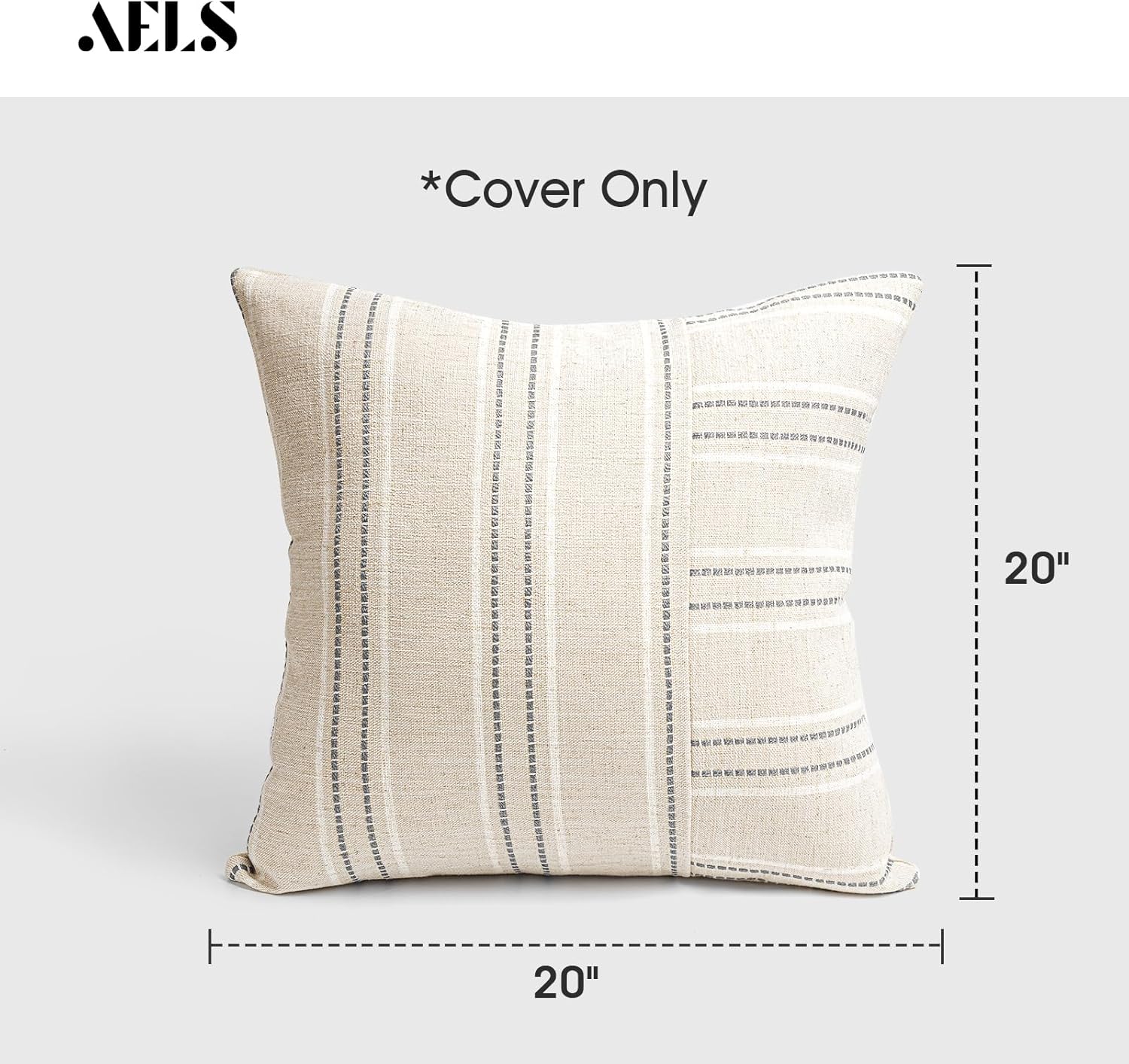AELS 20x20 Decorative Farmhouse Linen Throw Pillow Covers, Boho Textured Pillow Case, Set of 2, Beige with White & Gray Stripe Patchwork Cushion Cover for Sofa Couch Living Room (Cover ONLY)
