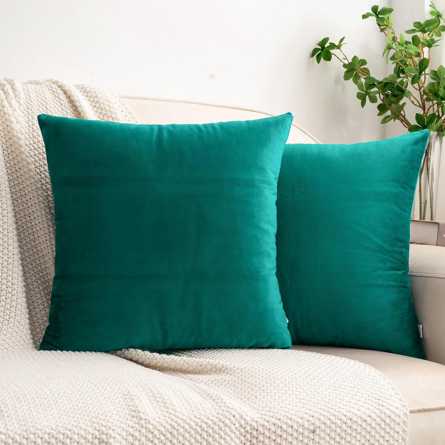 HWY 50 Teal Velvet Throw Pillow Covers 18x18 Inch, Pack of 2 Soft Cozy Solid Decorative Luxury Cushion Cases for Couch Sofa Bed Living Room Bedroom
