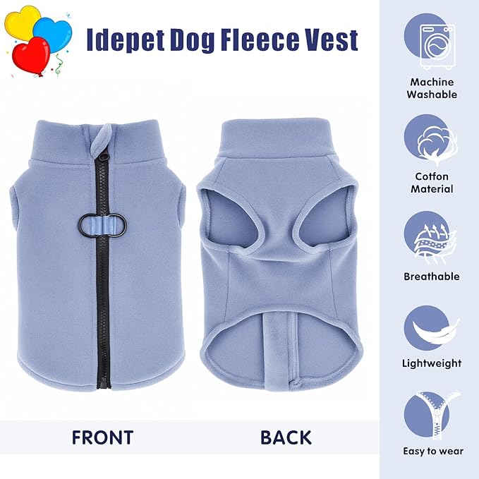 Idepet Dog Fleece Vest Sweater Zip Up Warm Pullover Dogs Jacket with D-Ring Leash Winter Cold Weater Coat Pet Sweatershirt Clothes Hoodie for Small Medium Dogs Boy Girl(Sky Blue,L)