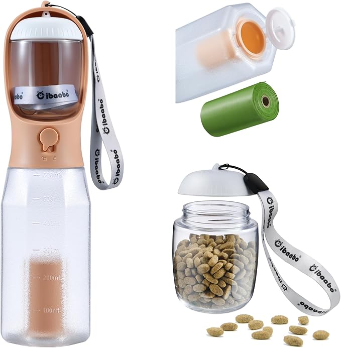 Dog Water Bottle with Food Container & Poop Bag Holder, Travel Water Bowl, Portable Pet Dispenser, Dog Gifts Stuff Accessories Items, Puppy Essentials for Yorkie Chihuahua Walking Hiking