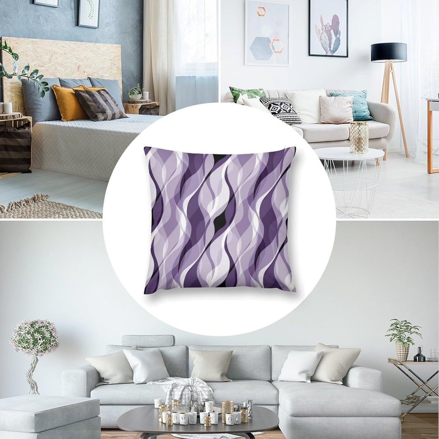 Purple Throw Pillow Covers Modern Abstract Purple and Grey Striped Decorations for Bedroom Living Room Farmhouse Sofa Pillows Bed Couch 16x16 Inch