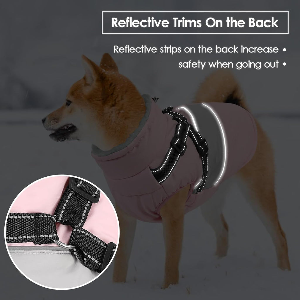 SUNFURA Dog Coat for Large Dogs, Warm Pet Jacket Winter with Harness Built in, Waterproof Pet Snow Jacket with Furry Collar, Reflective Fleece Snowsuit for Extra Large Dogs, Pink XL
