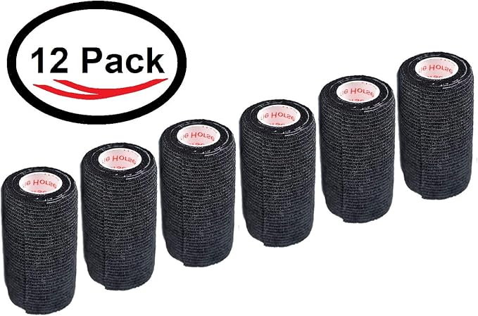 4 Inch Vet Wrap Tape Bulk (Black) (Pack of 12) Self Adhesive Adherent Adhering Flex Bandage Grip Roll for Dog Cat Pet Horse