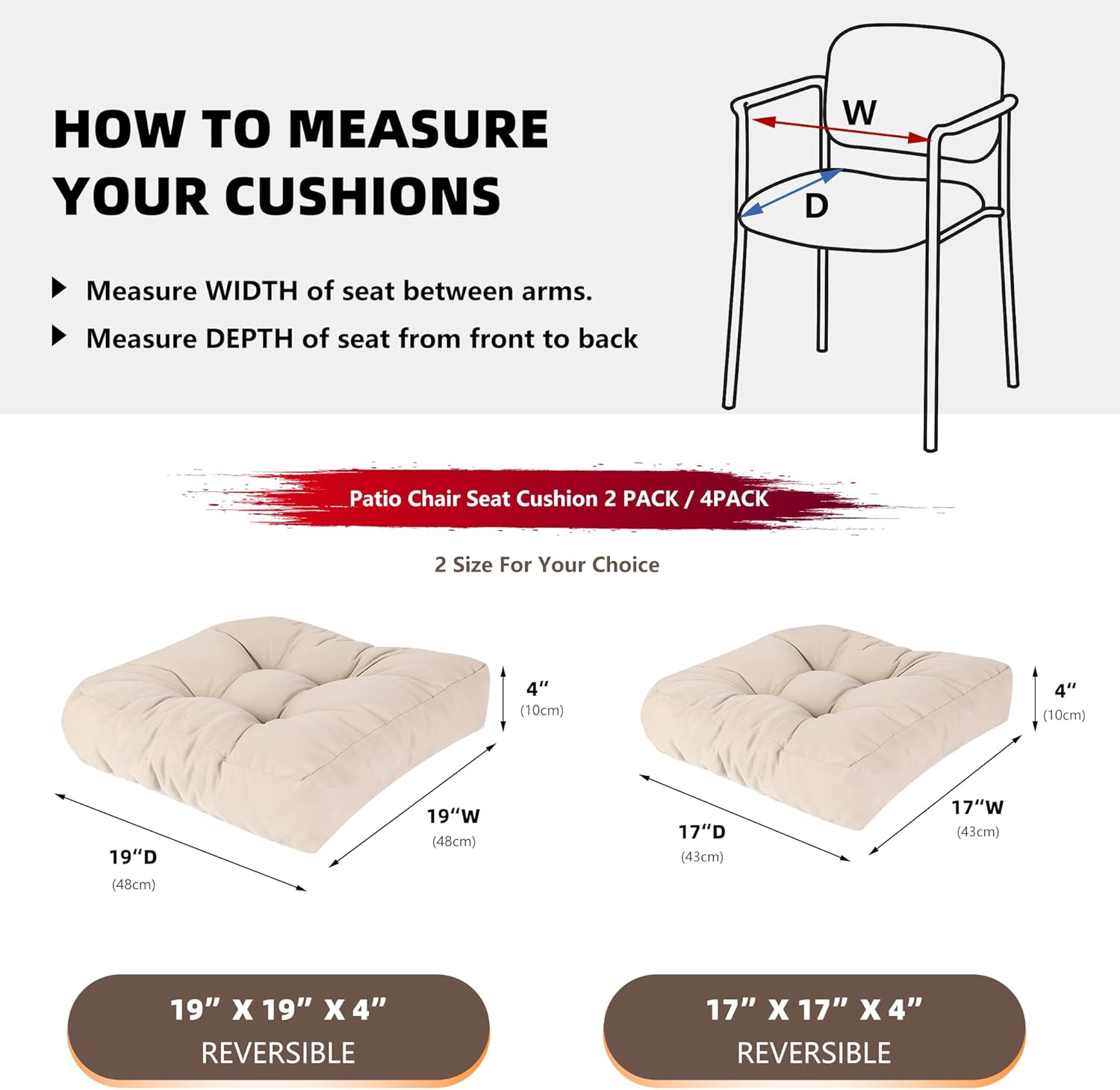 RACE LEAF 4 Pack 19x19 Inch Patio Chair Cushions, Memory Foam Seat Cushions Waterproof with Tufted Design & Non-Slip Backing (Khaki)