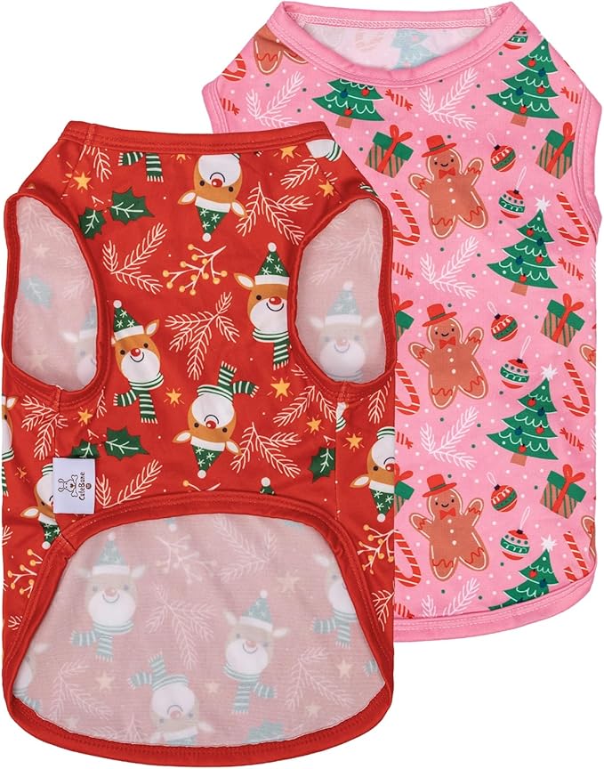 CuteBone Dog Christmas Shirts 2-Pack Soft Pet Clothes Breathable Summer Vest for Small Puppy and Stretchy Cat Apparel 2BX16L