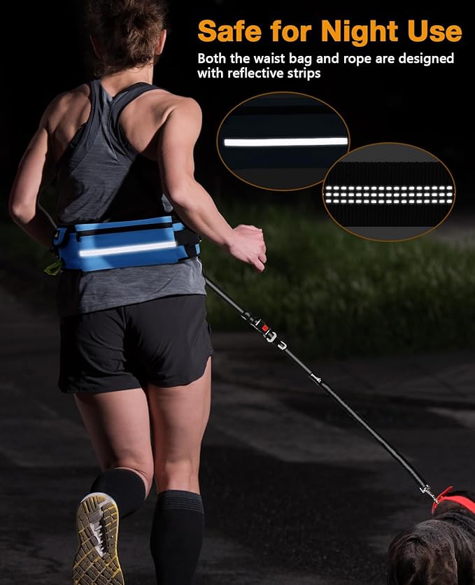 Pecute Dog Leash Hands Free with Pouch, Waist Belt Fanny Pack with Soft Pads, Dual Handles and Durable Bungee for Walking, Dog Seat Belt, Hiking, Running, Training,Blue(Up to 180lbs)