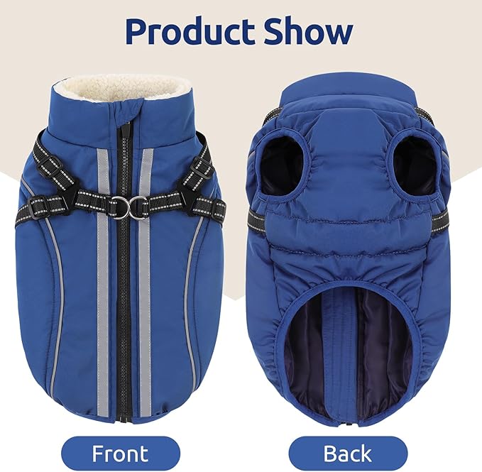 Dog Winter Coat with Harness Built in Warm Puffer Dog Jackets for Small Medium Large Dogs Windproof Waterproof Outfit with Plush Lining and Reflective Stripes (Blue, L)