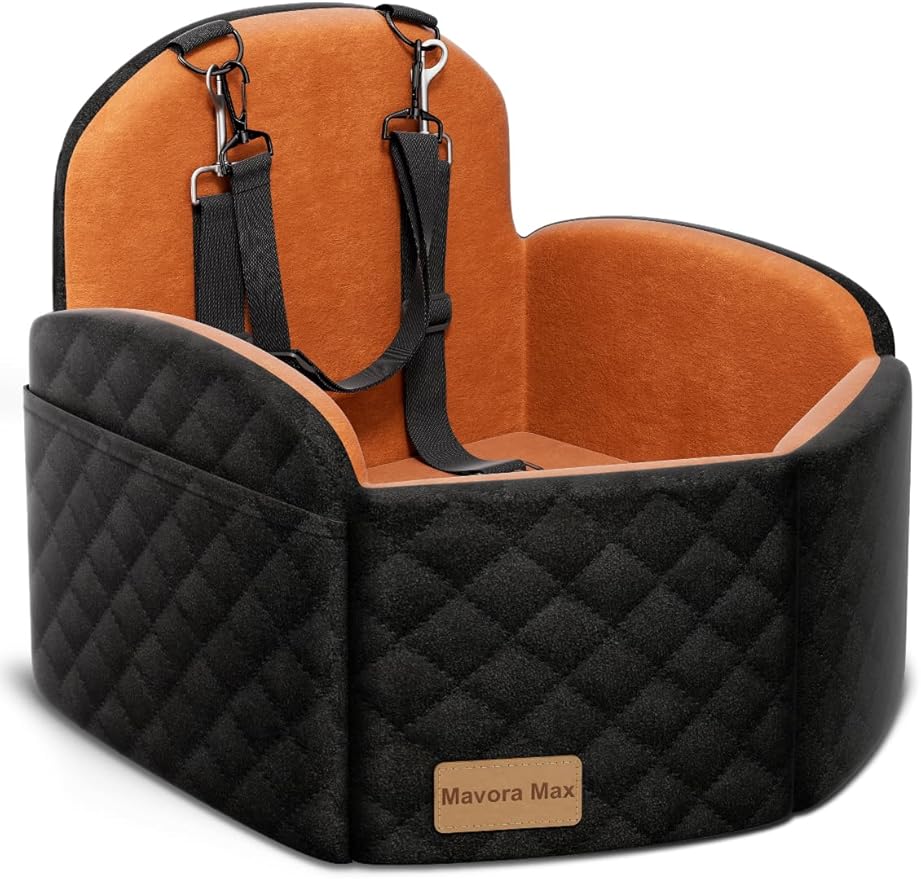 (Up to 35lbs Small/Medium Dog Car Seat Booster Dog Seat for Car Portable with Adjustable Seatbelts Pet Travel Car Bed Seat for SUV, Truck, with Memory Foam Cushion (Black/Brown)