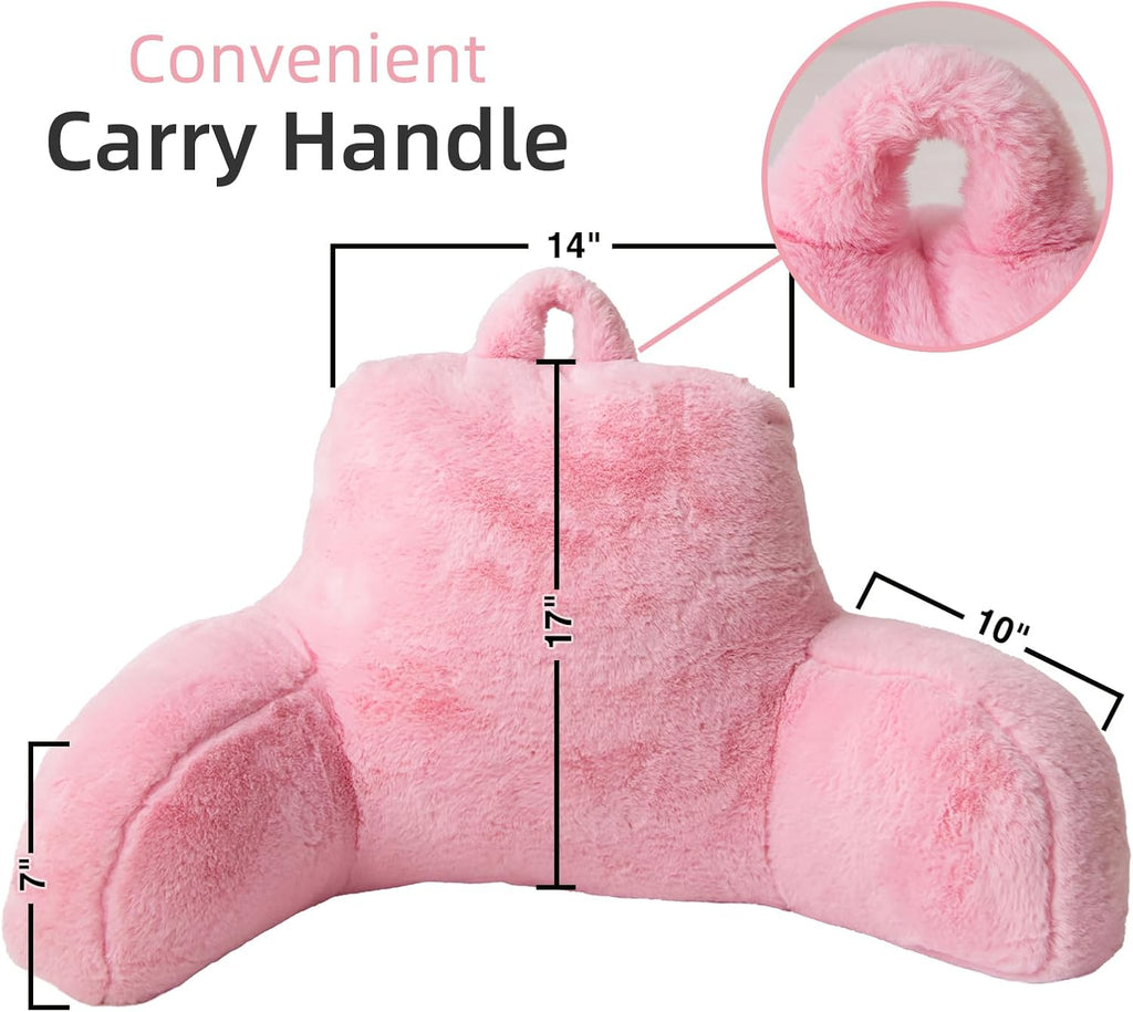 A Nice Night Faux Fur Reading Pillow Bed Wedge Large Adult Children Backrest with Arms Back Support for Sitting Up in Bed/Couch for Bedrest,BabyPink