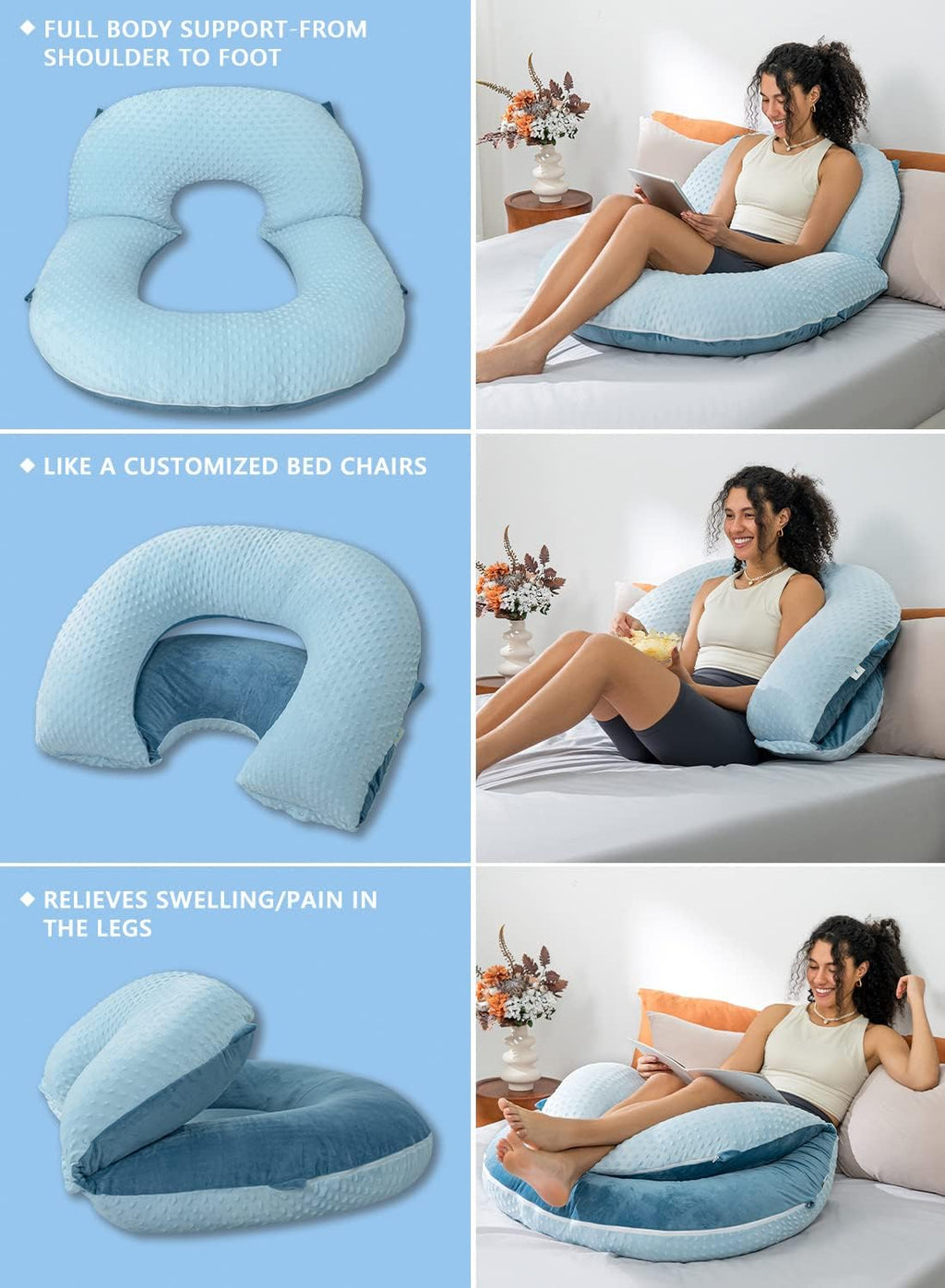 INSEN Reading Pillow, Back Pillow for Sitting in Bed and Couch, Gaming Pillow for Adults, Sit Up Support for Bed, Blue Bubble Velvet