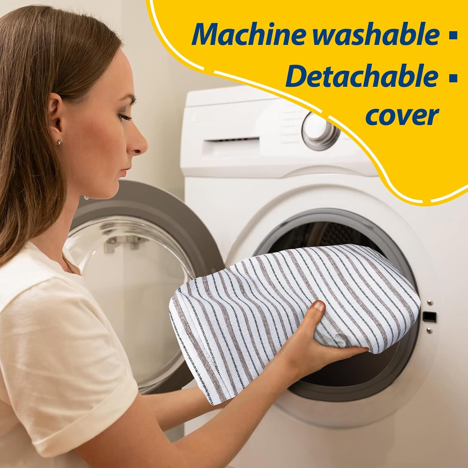 AAAAAcessories D-Shaped Chair Cushions, 2" Thick Dining Chair Pads with Ties and Removable, Machine-Washable Cover, 17" x 16", Set of 8, Pinstripe Brown