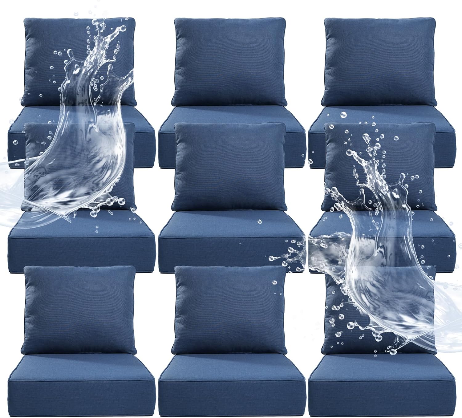 6" Thicker Outdoor Chair Cushion 9 Sets - 24" *24" *6" Waterproof Patio Furniture Cushions with Removable Cover, 28D High Density Sponge Filling Thicken Outdoor Patio Cushions - Blue