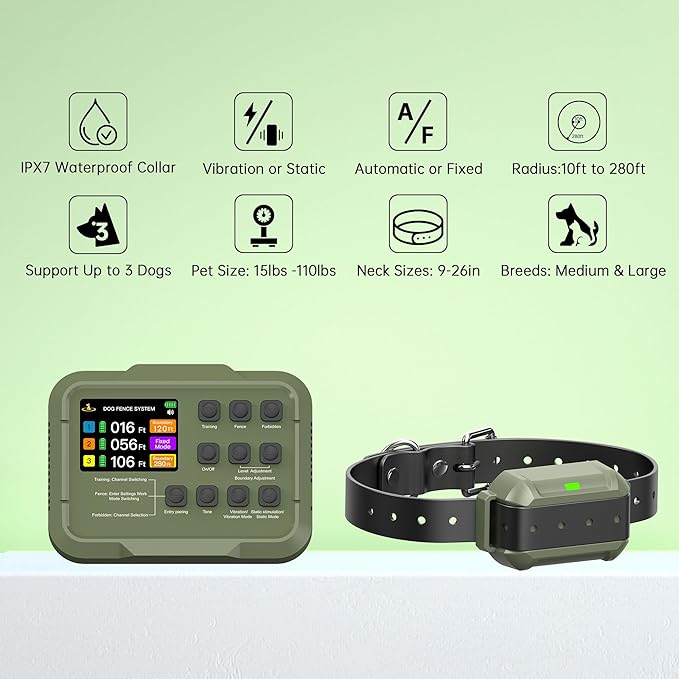 Wireless Dog Fence System：Electric Fence for Dogs with Rechargeable Dog Training Collar, Portable, Ipx7 Waterproof, Quick Charge, Idoor Outdoor for Medium Large Dogs
